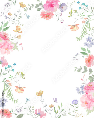 
 Watercolor floral frame with painted gentle flowers, eucalypt, herbs, butterfly. Hand-drawn floral illustration. For invitations, greeting cards. Vector EPS.
