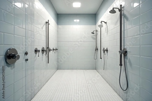 Clean, modern locker room showers with tiled walls and individual shower heads, ready for use Stainless steel fixtures gleam under bright lighting , chrome, spa