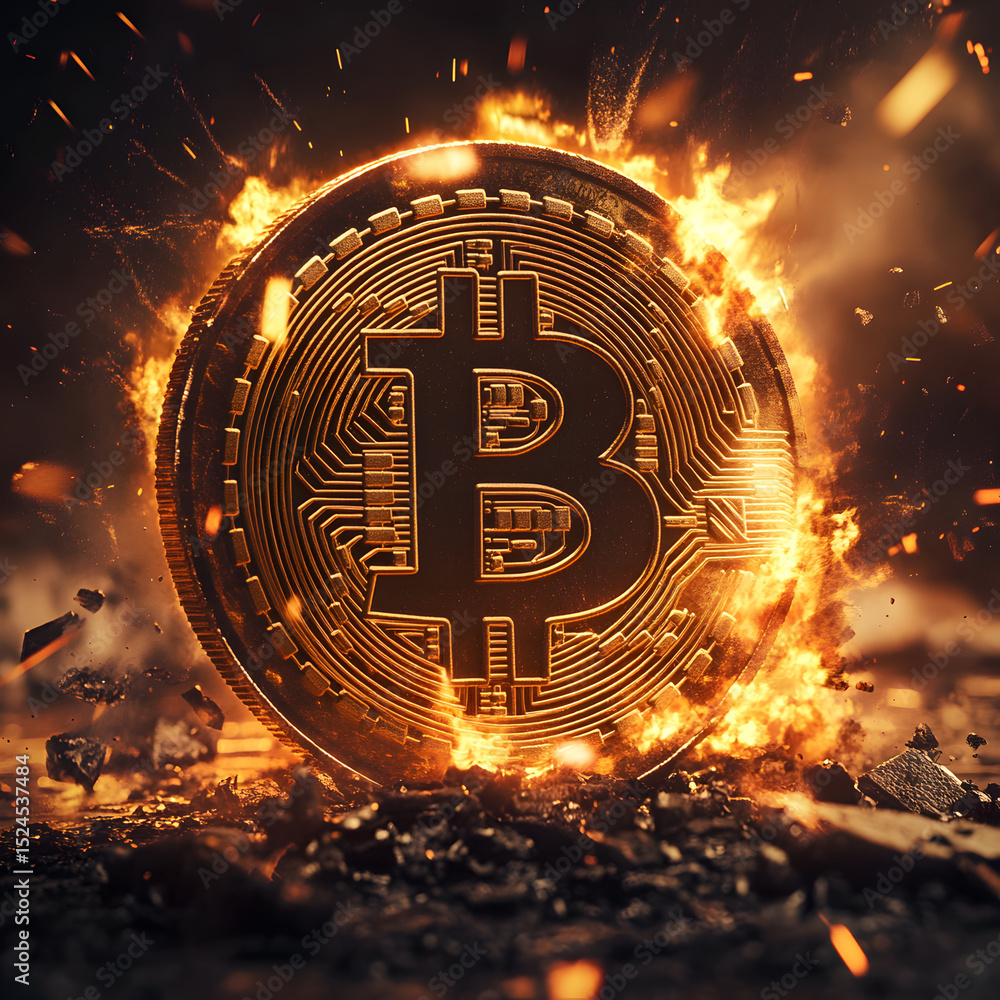 A golden Bitcoin coin sits amidst burning flames and debris. Sparks fly upward around the coin, illuminating the dark, textured environment below. A golden Bitcoin coin sits amidst burning flames and debris. Sparks fly upward around the coin, illuminating the dark, textured environment below.
