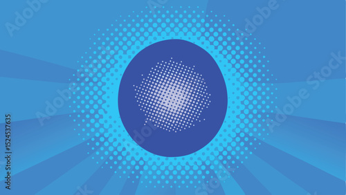 Abstract blue burst with halftone circle and textured dots design element