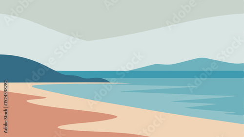 Abstract coastal landscape illustration with beach sea and mountains in flat minimal style