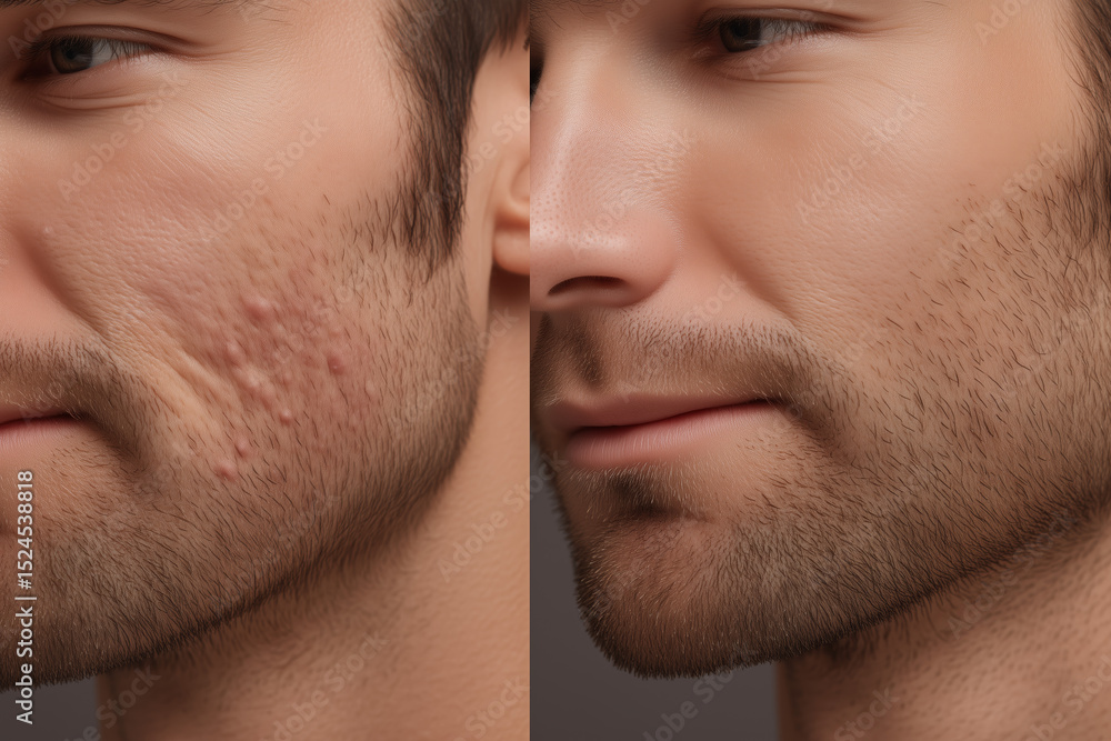 Fototapeta premium Macro before and after image of male cheek showing acne scars and smooth skin – skincare treatment comparison for dermatology, facial care, or cosmetic results on neutral background