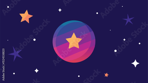 Abstract deep space design featuring a gradient nebula surrounded by glowing stars and celestial bodies