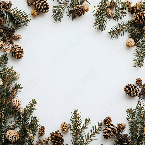 Flat lay winter wedding frame with pinecones, fir branches, and white background, open space in center for text