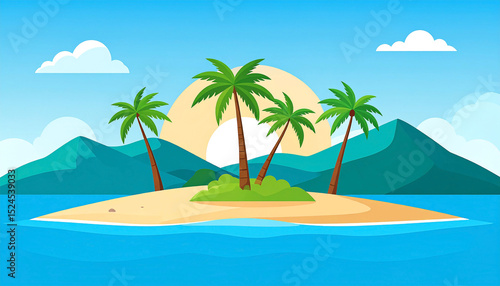 Idyllic tropical island scene; small sandy island with palm trees, nestled in turquoise ocean, mountains in background, sun setting