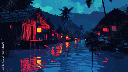 Stylized vintage illustration of a countryside village under torrential rain, bamboo huts with thatched roofs, waterlogged paths reflecting neon lantern glow at dusk