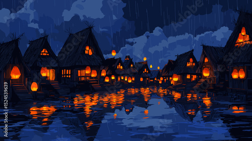 Stylized vintage illustration of a countryside village under torrential rain, bamboo huts with thatched roofs, waterlogged paths reflecting neon lantern glow at dusk