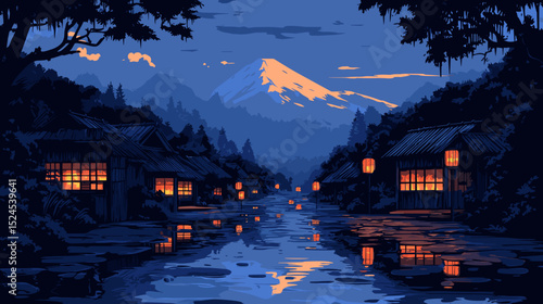 Stylized vintage illustration of a countryside village under torrential rain, bamboo huts with thatched roofs, waterlogged paths reflecting neon lantern glow at dusk