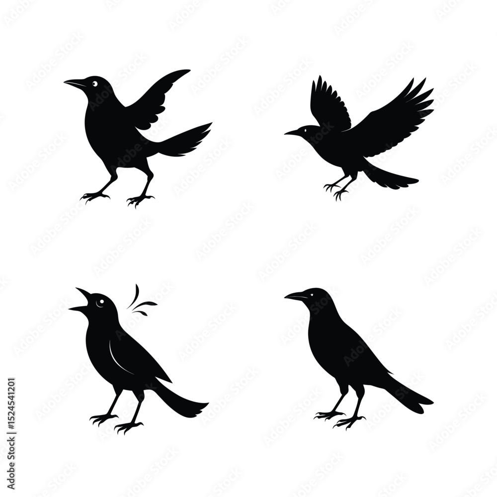 Obraz premium Grackle bird silhouette set with blackbird silhouettes in alert and dynamic poses vector illustration.