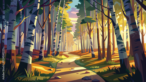 dappled sunlight on a forrest of birch trees, abstract. With a path leading from front right to rear right.
