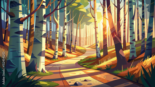 dappled sunlight on a forrest of birch trees, abstract. With a path leading from front right to rear right.