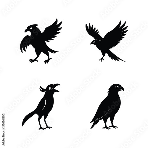 Harrier bird silhouette set with bird of prey gliding and perched outlines vector illustration.