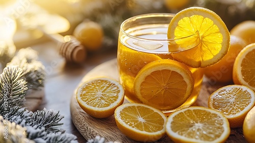 Yuzu Honey Drink yuzu honey drink citrus slices Soft warm lighting to emphasize the bright yellow of yuzu and the golden hue of honey 50mm lens cozy winter setting