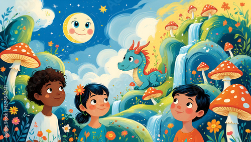 Magical fairytale land awaits children and dragon under smiling moon waterfalls and mushrooms