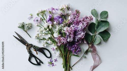 Flower arrangement diy floral design bouquet making with lilac gypsophila and eucalyptus leaves