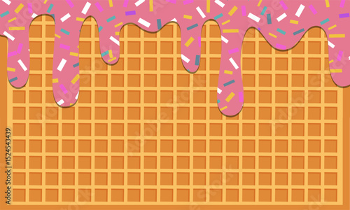 Flowing strawberry with rainbow sprinkles on wafer texture. Ice cream melted background with waffle or wafer.