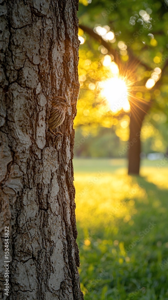 Fototapeta premium Sunlit park scene, tree bark in focus, sunlight through trees, blurred background