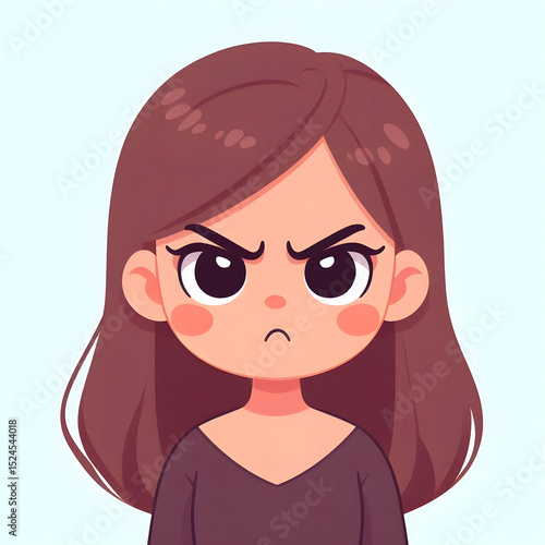 A cartoon girl with furrowed eyebrows and puffed cheeks, angry and annoyed, minimal flat style