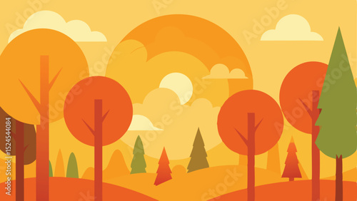 Autumnal landscape illustration featuring trees clouds and a gradient sunset design