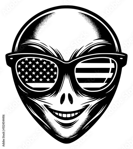 An extraterrestrial figure, sporting stylish sunglasses reflecting the American flag, with a sly smile that suggests an insightful understanding. A symbol of enigmatic charm.