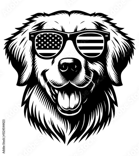 A cheerful retriever wearing stylish sunglasses that reflect the stars and stripes, embodying the spirit of patriotism. It’s a playful and artistic portrayal of a beloved companion.