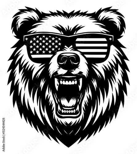 A fierce grizzly bear's head roars with American flag sunglasses, creating a powerful graphic design.