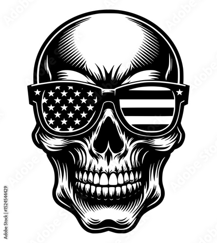 Skull wearing sunglasses with American flag design.