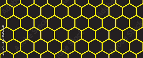 Dark hexagon abstract technology background yellow colored bright flashes under hexagon. Hexagonal gaming vector tech illustration black abstract background.