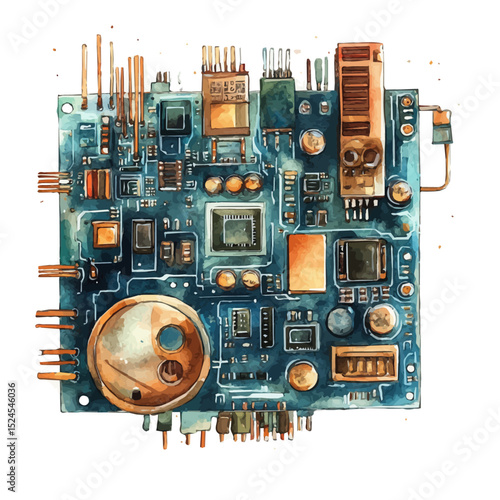 Circuit Board Technology, watercolor clipart vector, high quality, isolated on a white background.
