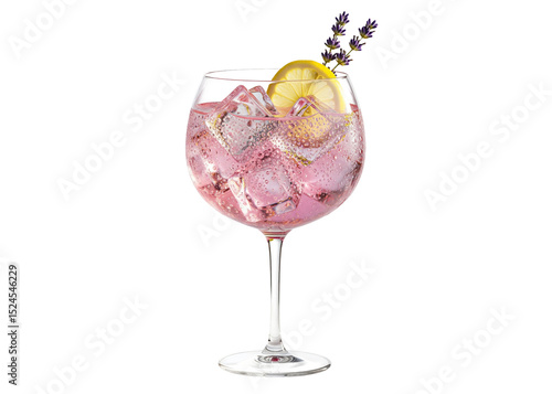 sparkling pink gin and tonic cocktail with lemon and lavender garnish, transparent glass overlay