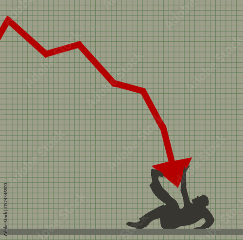 Fotografie An investor is about to be crushed by a sharp decline in  the stock market sending an arrow on this chart to impale him