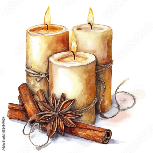 Cinnamon-scented Candles, watercolor vector, high quality, isolated on a white background.