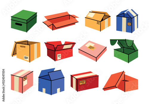 Wallpaper Mural Cute gift and delivery boxes in retro cartoon. Open and closed boxes, shipping elements. Groovy and vibrant collection of boxes in trendy flat doodle illustration. Vector packages of different shapes. Torontodigital.ca