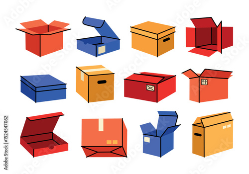 Wallpaper Mural Cute gift and delivery boxes in retro cartoon. Open and closed boxes, shipping elements. Groovy and vibrant collection of boxes in trendy flat doodle illustration. Vector packages of different shapes. Torontodigital.ca