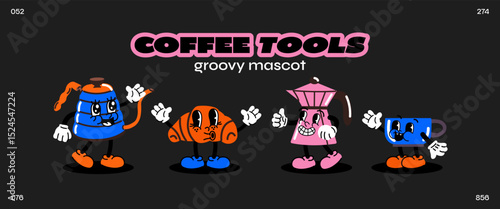 Groovy Coffee Mascots: Playful Cartoon Characters for Coffee Lovers. Coffee makers, kettles, brewing, arabica coffee