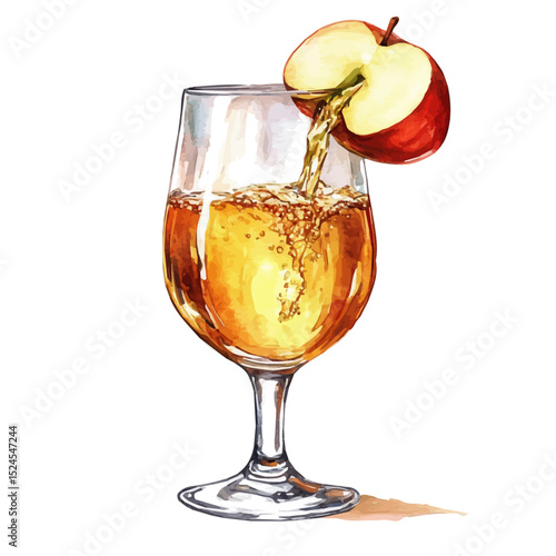 watercolor of Cider Poured Into Glass, vector high quality, isolated on a white background.