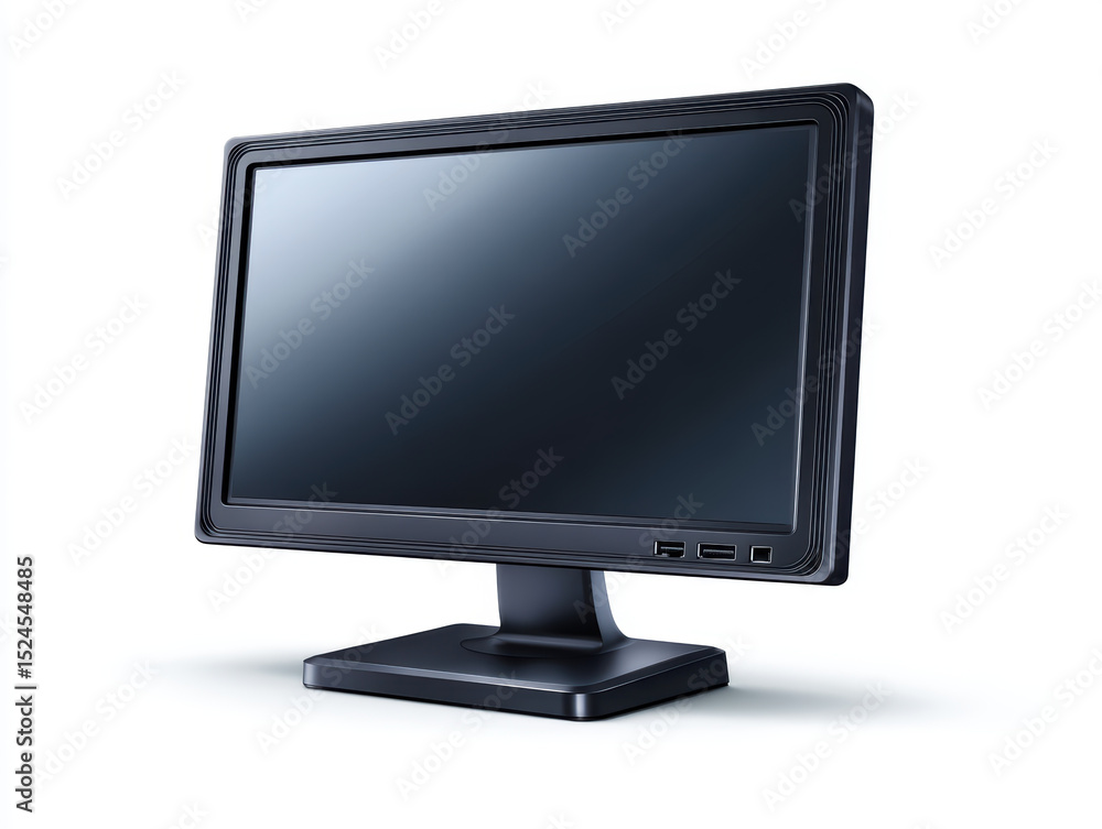 Black computer monitor with sleek design and multiple ports on side, set against white background, showcasing modern display for professional or personal use Black computer monitor with sleek design and multiple ports on side, set against white background, showcasing modern display for professional or personal use