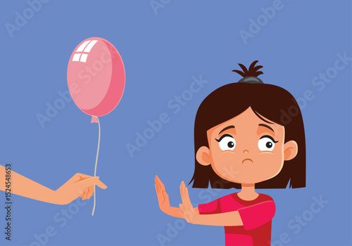 Little Girl Saying No to a Free Balloon Vector Cartoon. Unhappy child feeling upset with the gift she received being ungrateful
