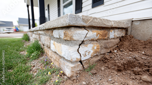 Close up of cracked stone foundation wall next to house shows damage caused by soil movement or settling, with visible cracks and displaced stones, indicating structural concern