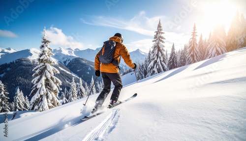 Hombre esquiando en la montaña, invierno, nieve