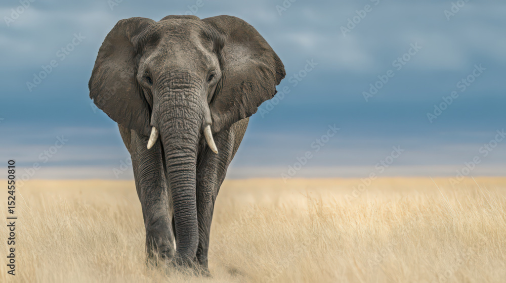 Fototapeta premium A large adult African elephant is centered in a grassy savanna.