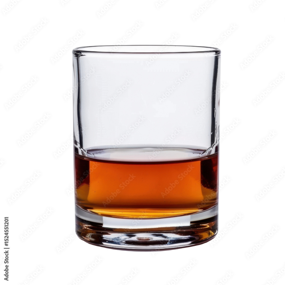 Clear glass filled with amber liquid sits on plain background, showcasing its rich color and smooth texture. drink appears inviting and sophisticated, perfect for relaxing evening Clear glass filled with amber liquid sits on plain background, showcasing its rich color and smooth texture. drink appears inviting and sophisticated, perfect for relaxing evening