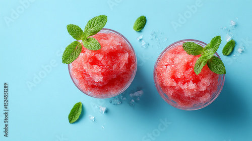 Watermelon slushie or granita cocktail with mint in glasses on light blue background, top view.