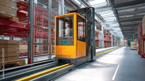 Modern automated vertical lift module operation inside warehouse, with shelves filled with boxes and storage units, showcasing efficient storage and retrieval system, bright lighting