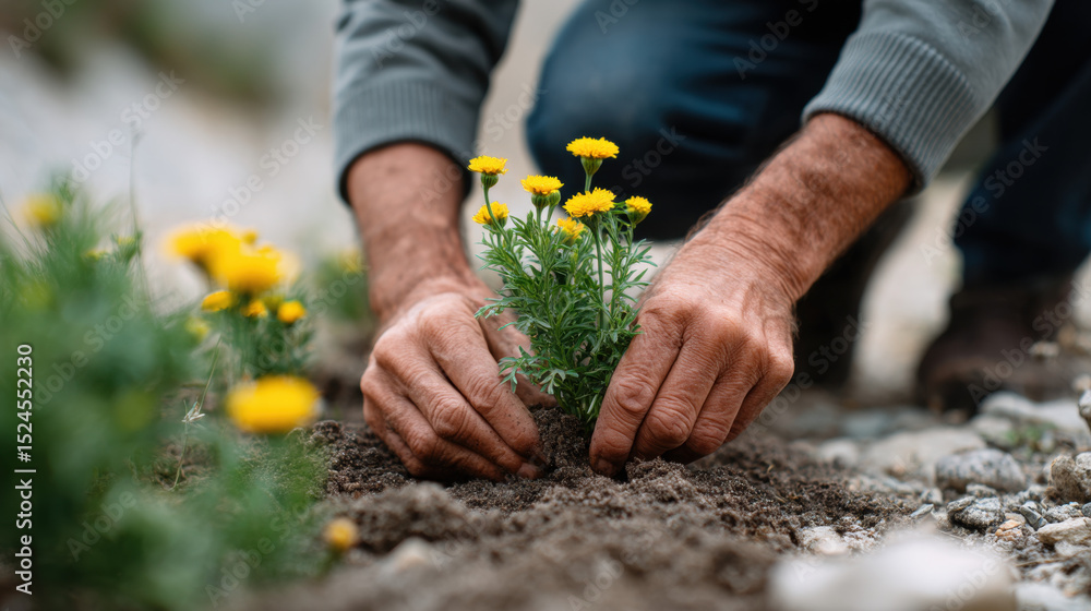 Fototapeta premium Close up of hands planting yellow flowers in soil, showing gardening activity and care for plants, with blurred background of garden environment, conveying growth and nature connection