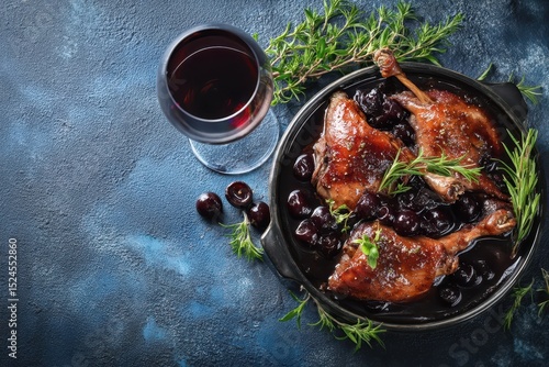 Fototapeta Naklejka Na Ścianę i Meble -  Duck legs cooked in wine and cherry sauce with rosemary Elegant meal with a glass of red wine View from above on a blue stone table