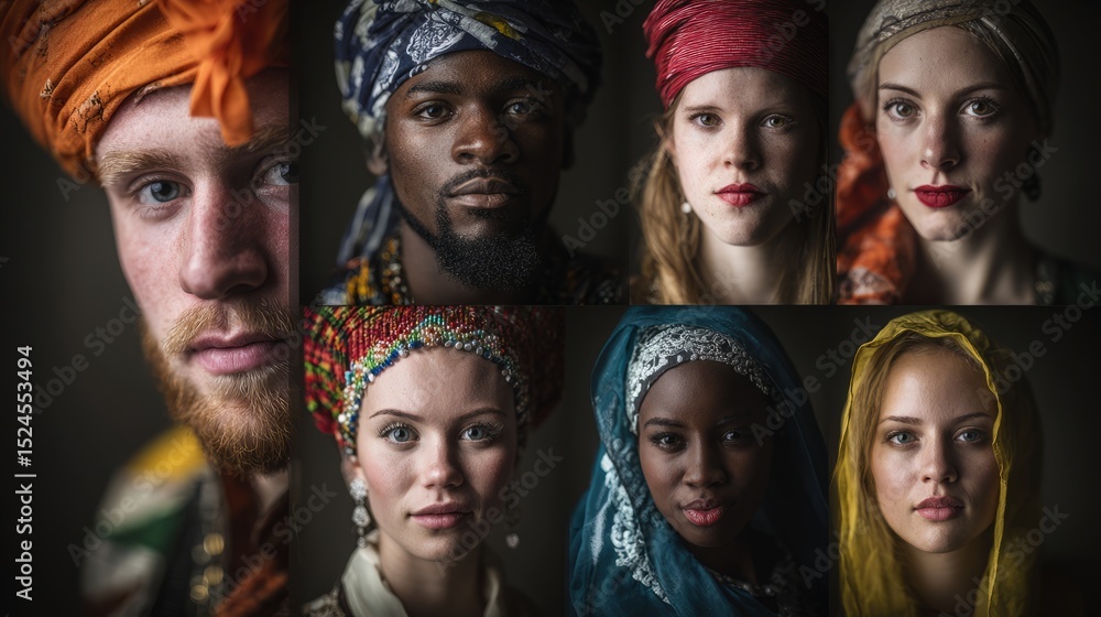 Fototapeta premium Portraits of diverse individuals with unique cultural elements, celebrating unity in diversity. 