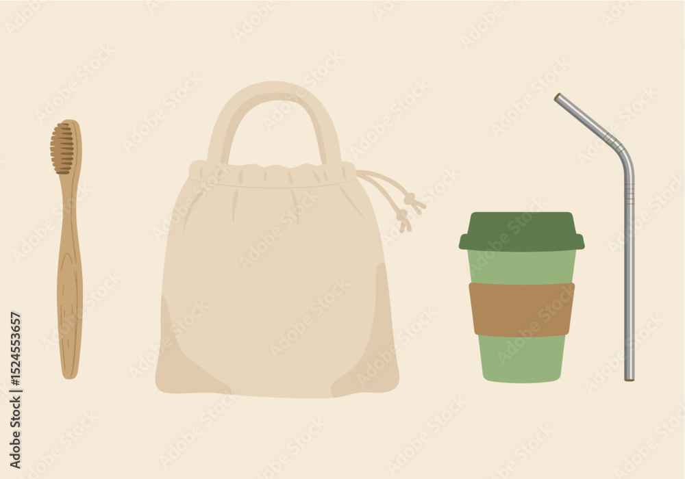 Obraz premium Flat vector of a zero-waste starter kit bamboo toothbrush, cloth bag, reusable cup, metal straw, placed on a light beige background