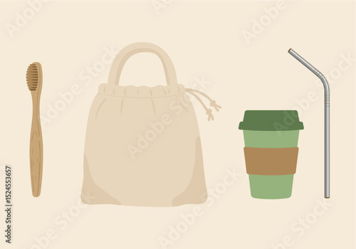 Flat vector of a zero-waste starter kit bamboo toothbrush, cloth bag, reusable cup, metal straw, placed on a light beige background