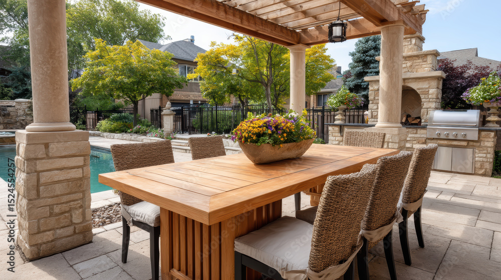 Obraz premium Outdoor dining area with wooden table and woven chairs under pergola, overlooking lush backyard with trees, pool, and built in grill, creating cozy and inviting space for gatherings